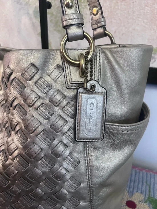 COACH North South Woven Metallic Gold Leather Shoulder Bag - Picture 3 of 13